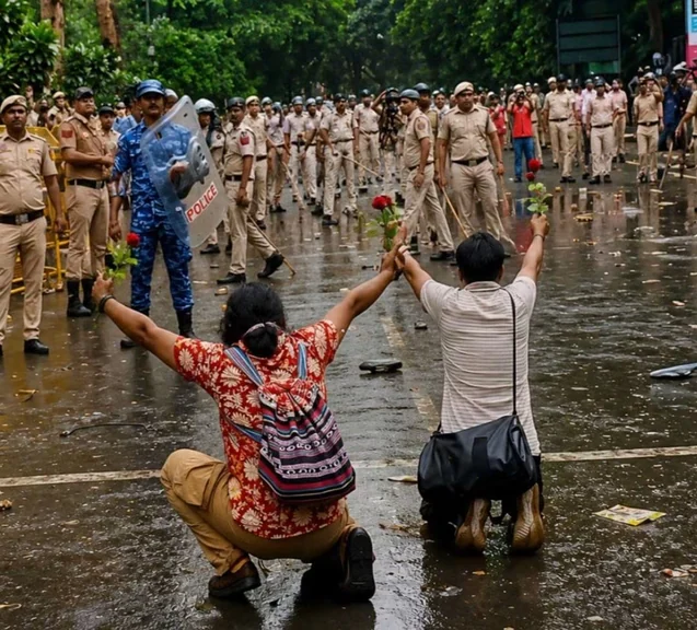 ফুলের সামনে লাঠি: একটি ছবি, একটি সময়ের বিবেক